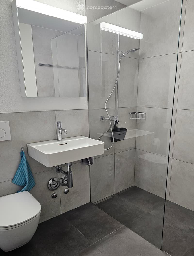 Modern bathroom with a white toilet, sink, and shower area. Features include a large mirror with built-in lighting, a glass-enclosed shower, and a towel hanging on the wall.