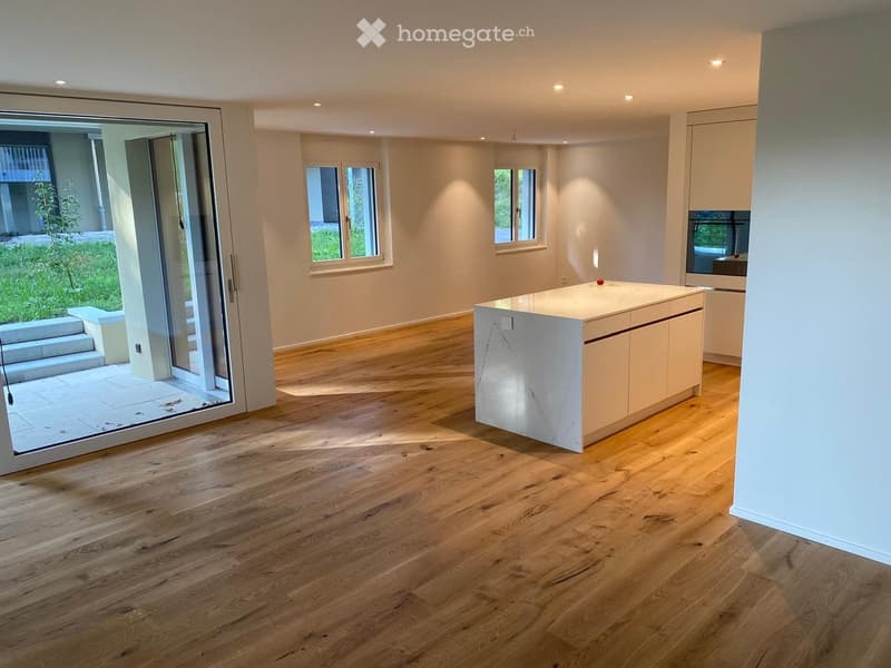 Modern kitchen with light-colored wooden flooring, white kitchen island, and built-in cabinets. Large sliding glass door leads to outdoor area.