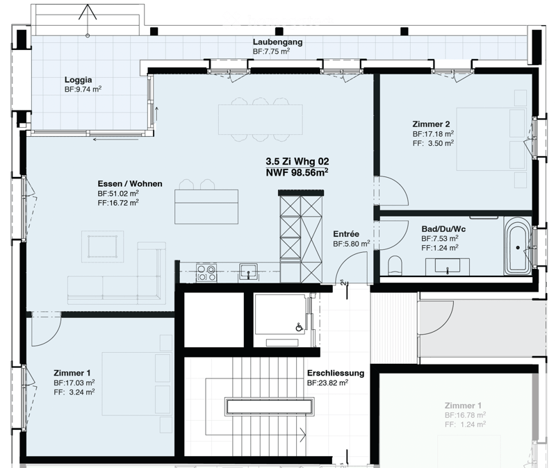 Floor plan of a 3.5-room apartment with living/dining area, two bedrooms, bathroom, entrance, hallway, and loggia.
