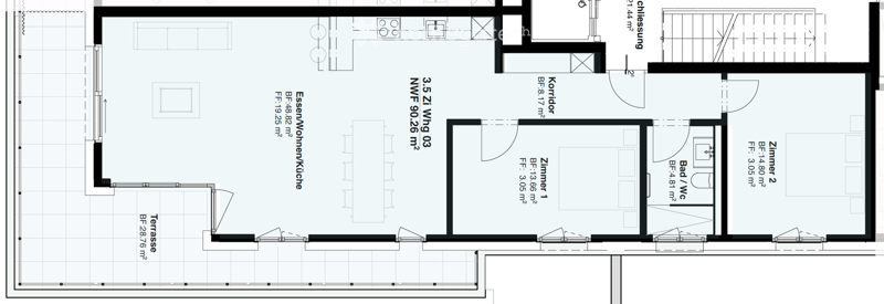 Floor plan showing a 3.5-room apartment with a kitchen, two bedrooms, a bathroom, a corridor, and a terrace.
