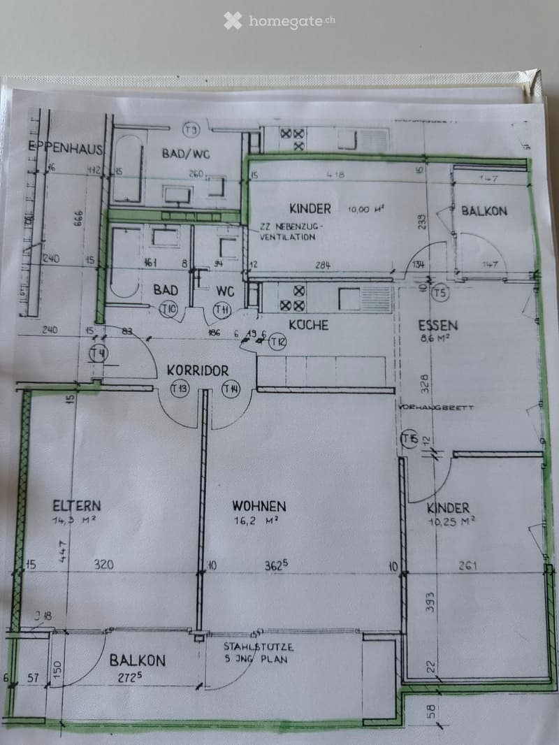 Floor plan showing a multi-room layout including living room, kitchen, bathrooms, bedrooms, and balconies.