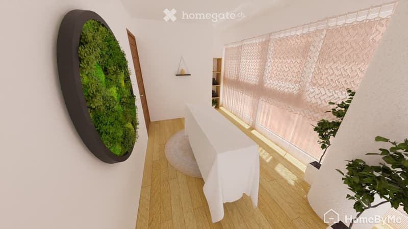 A modern, minimalist room with a white table, a round shelf, and a large green wall mural. The room features wooden flooring and sheer curtains covering large windows.
