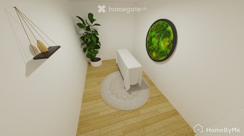 Minimalist room with a white table, a hanging chair, a potted plant, and a round mirror with a moss design.