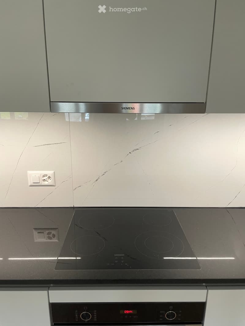 Modern kitchen with a sleek induction cooktop and a stainless steel range hood above it. The countertops have a marble-like finish with visible cracks.