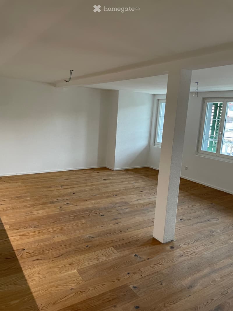 Empty room with wooden flooring, white walls, and two windows allowing natural light.