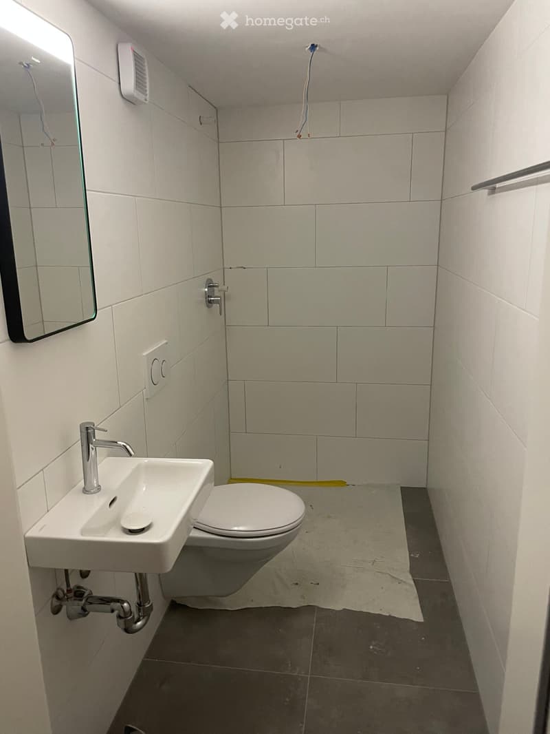 Modern bathroom with white tiles, a white sink with a chrome faucet, a toilet, and a large mirror on the wall.
