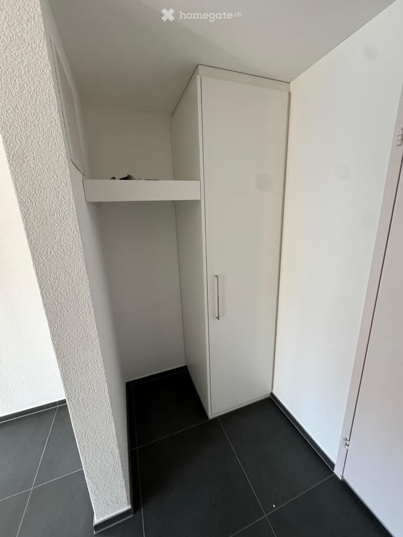 Empty room with white walls, black tiled floor, and built-in white cabinet with a shelf and door.