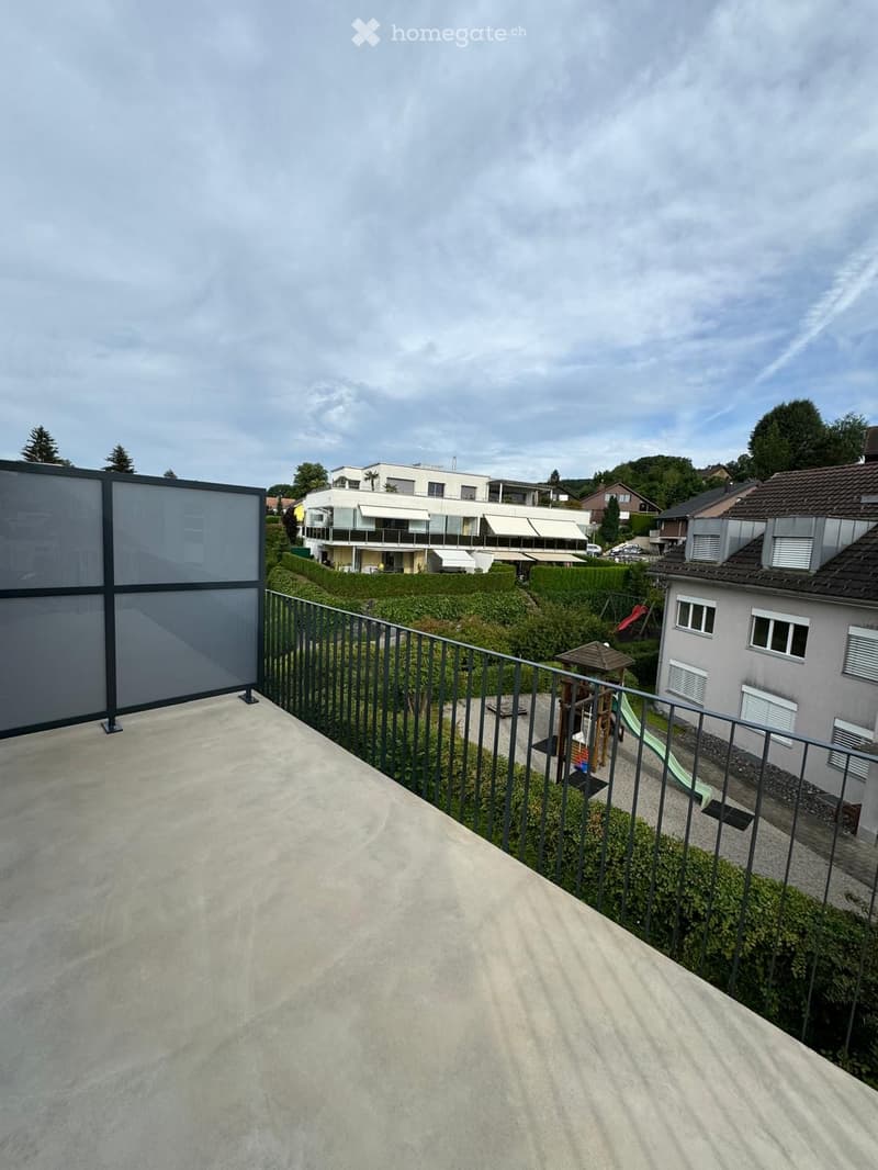 Balcony with metal railing, overlooking a residential area with houses, greenery, and a playground.