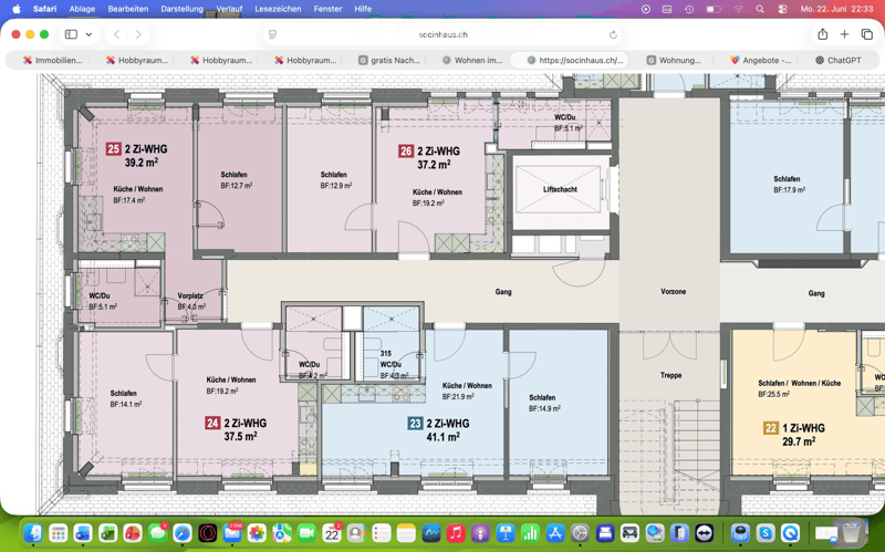 Floor plan showing multiple apartments with labeled rooms including kitchens, bedrooms, bathrooms, and hallways. Each apartment is numbered and has specified square footage.