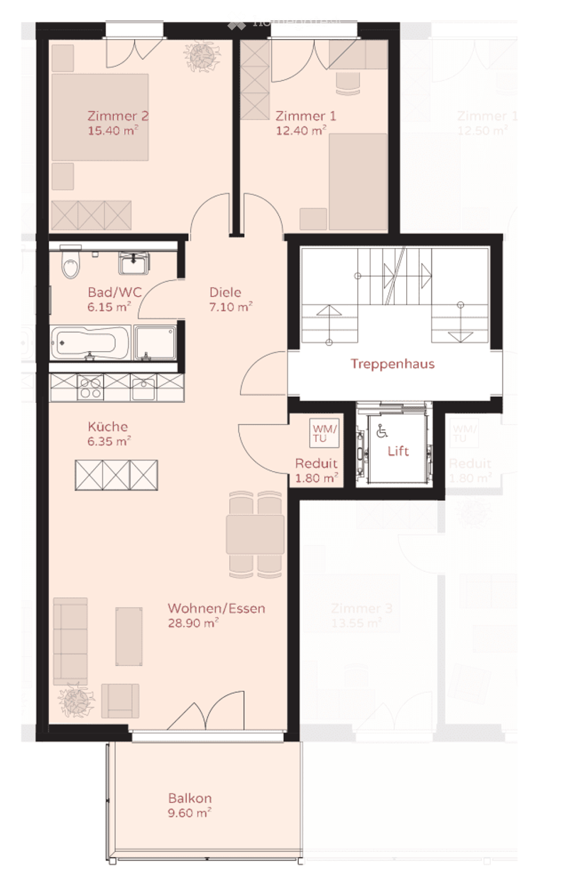 Floor plan showing a 3-room apartment with a living/dining area, kitchen, bathroom, two bedrooms, hallway, and balcony.