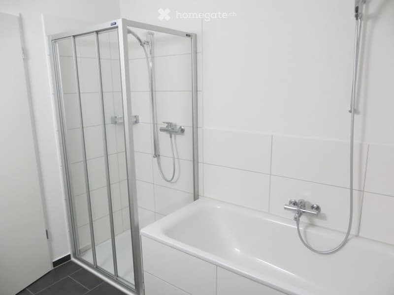 Modern bathroom with a white bathtub, glass-enclosed shower stall, and chrome fixtures.