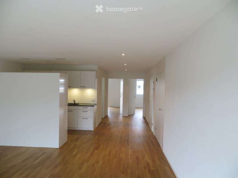 Empty hallway with wooden flooring, white walls, and white cabinetry in the background. No furniture or equipment is present.