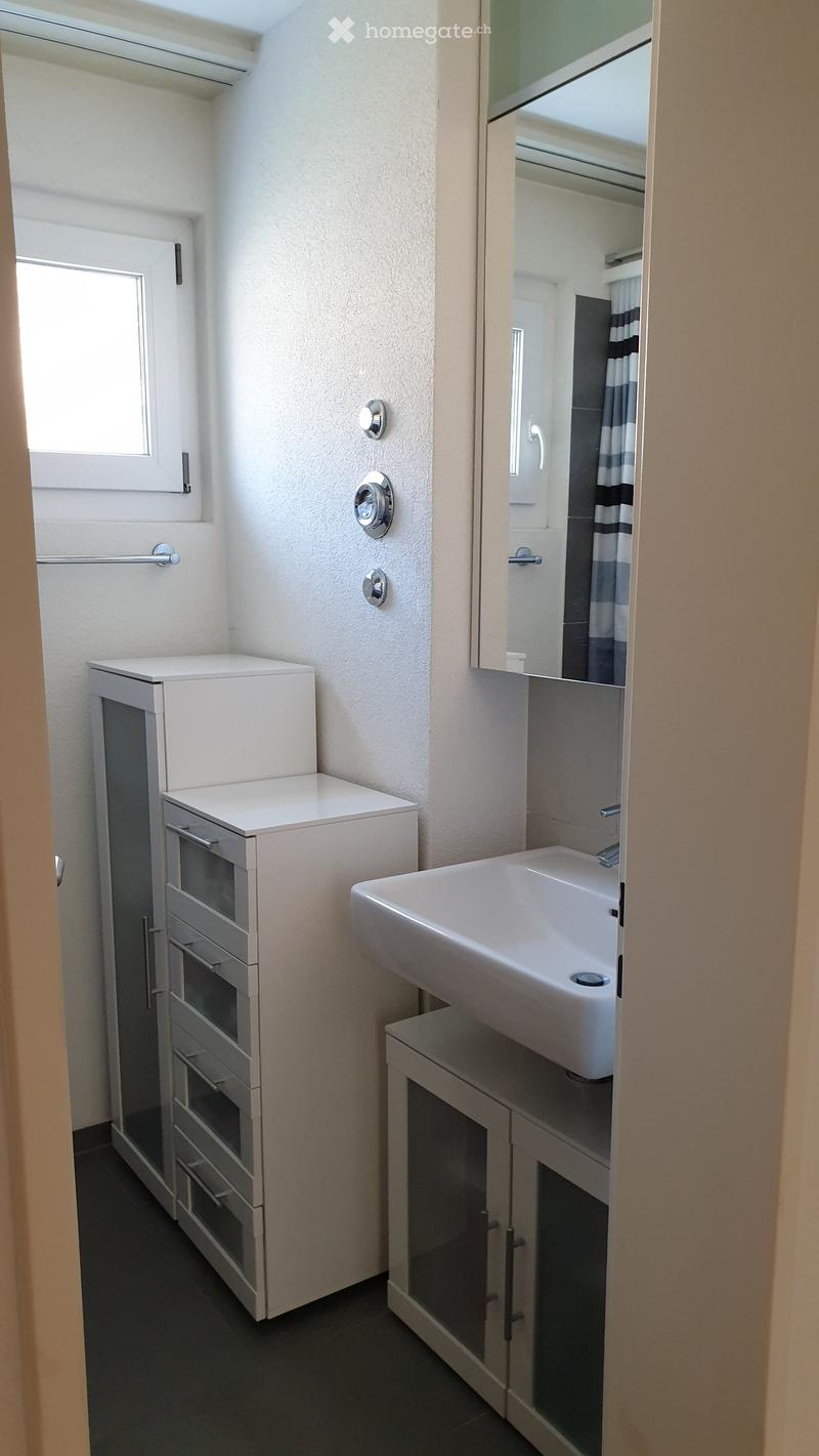 Modern bathroom with a white sink, mirrored cabinet, and storage cabinet.