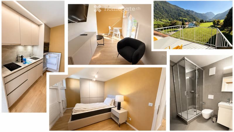 A collage of images showing a modern kitchen, a cozy living area, a bedroom, a balcony with a scenic mountain view, and a bathroom.