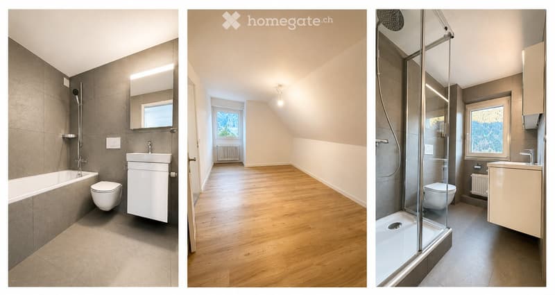 Three images show a modern bathroom with a bathtub, toilet, sink, mirror, and a separate shower area with a glass enclosure and cabinet.