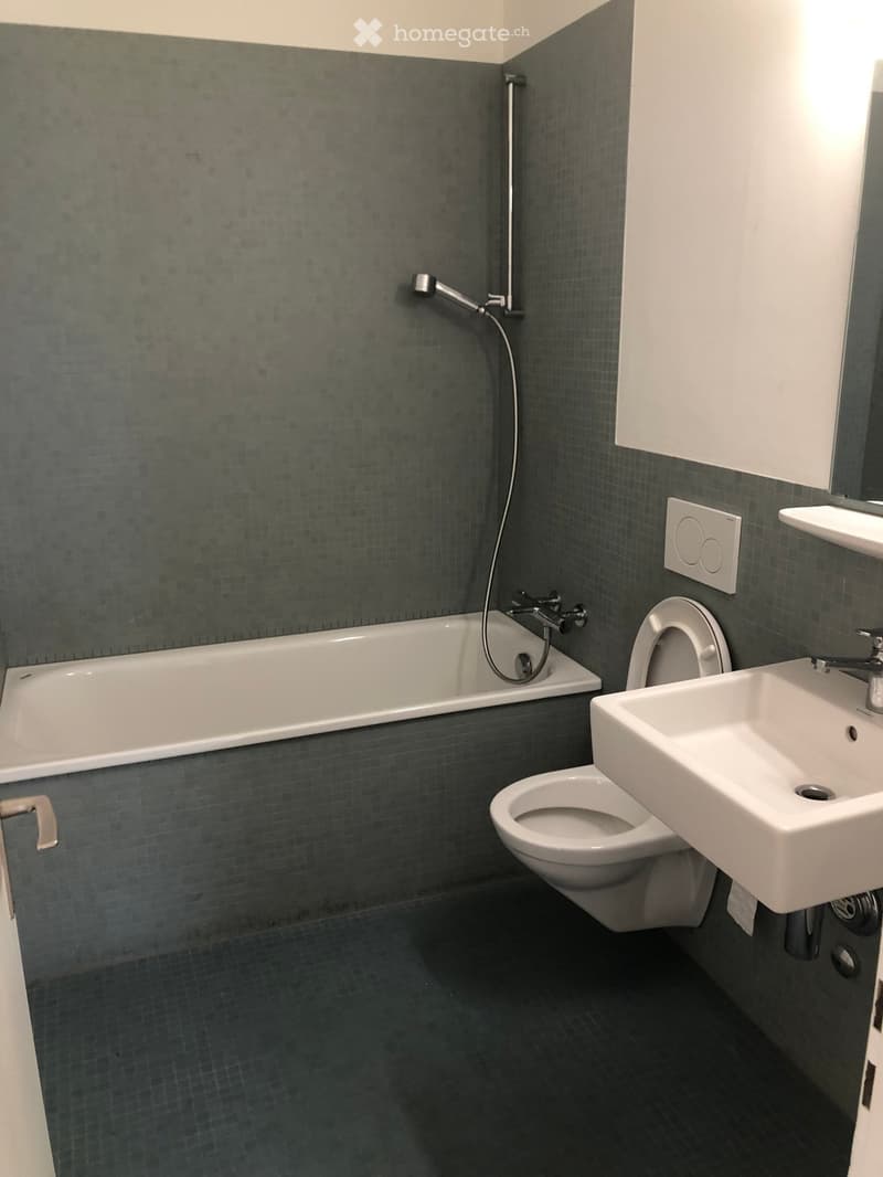 Modern bathroom with dark grey tiled walls and floor, featuring a bathtub, toilet, sink, and a handheld showerhead.