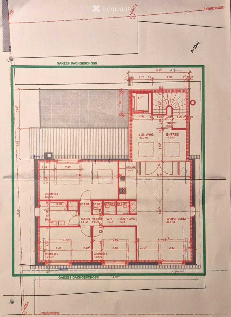 Floor plan of a 4-room apartment with a kitchen, living room, three bedrooms, bathrooms, hallway, and entrance area. Includes dimensions and room labels.