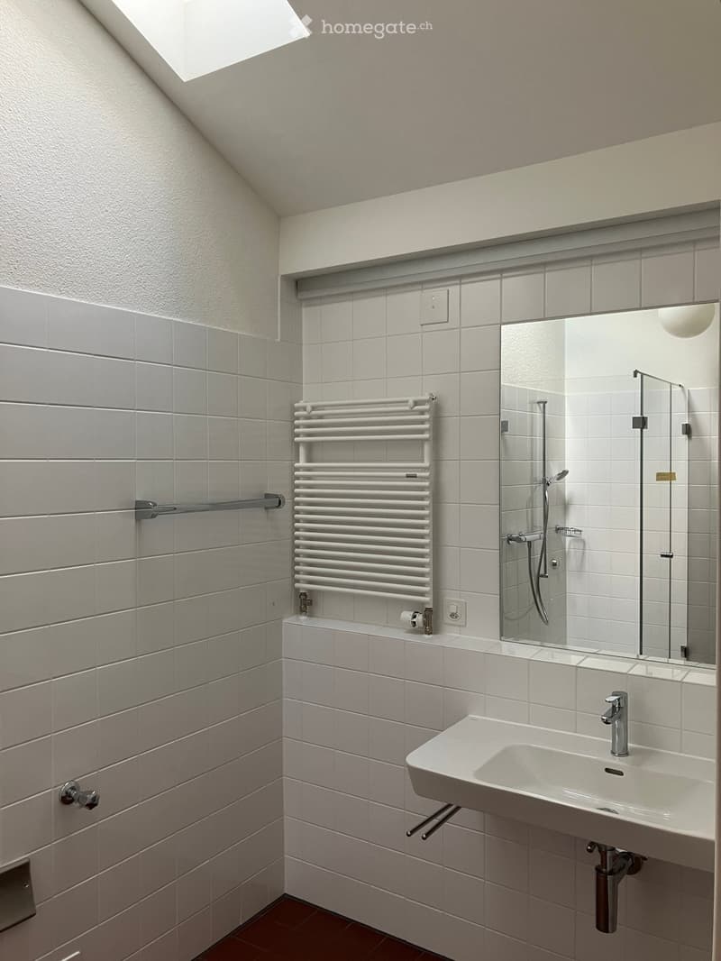 Bathroom. Modern bathroom with grey tiles, a white radiator, a sink with a chrome faucet, a mirrored shower enclosure, and a window with blinds.
