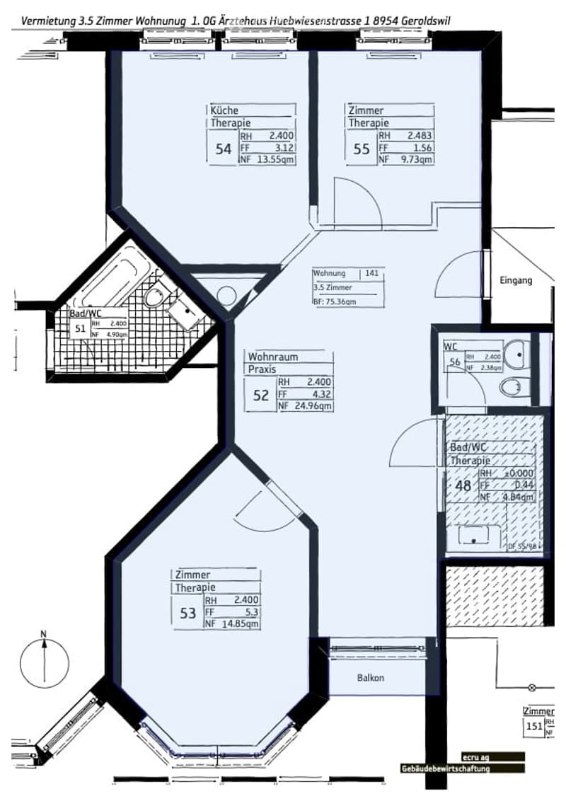 Floor Plan. Floor plan of a 3.5-room apartment in a medical building, featuring a living room, kitchen, three bedrooms, two bathrooms, and a balcony.