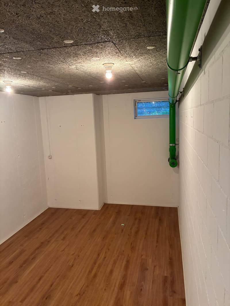 Empty hallway with wooden flooring, white walls, and a green pipe on the right side. A small window is visible at the end of the hallway.