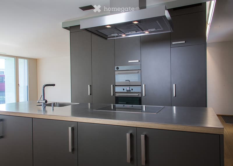 Modern kitchen with dark grey cabinets, stainless steel appliances, and a sleek countertop.