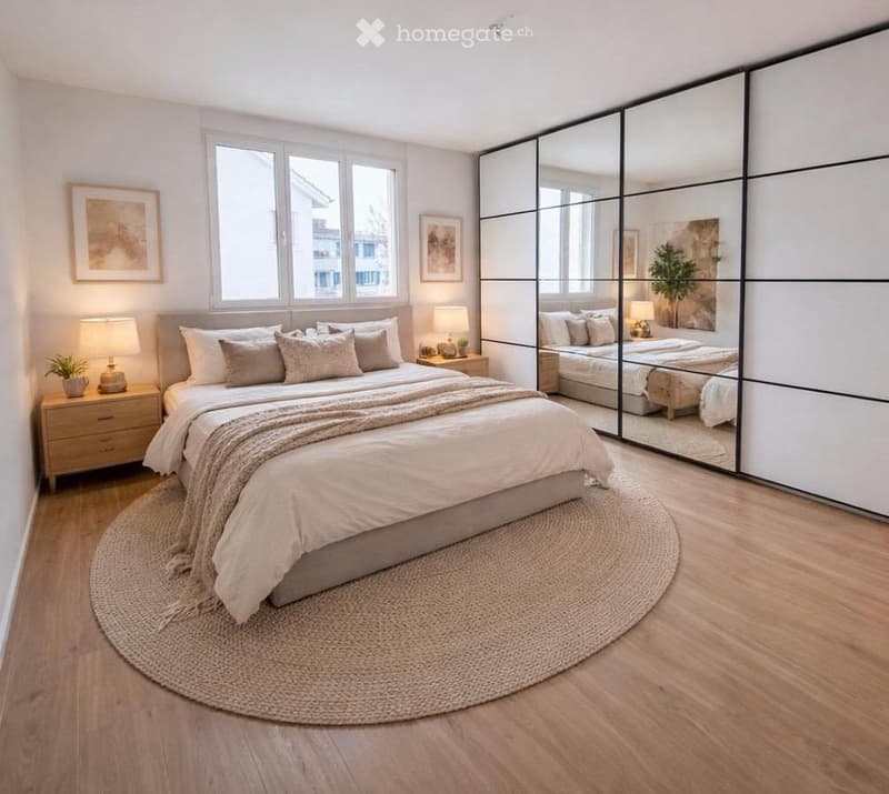 Modern bedroom with a large bed, nightstands, lamps, a round woven rug, and a large mirrored wardrobe. The room features light wooden flooring and large windows.