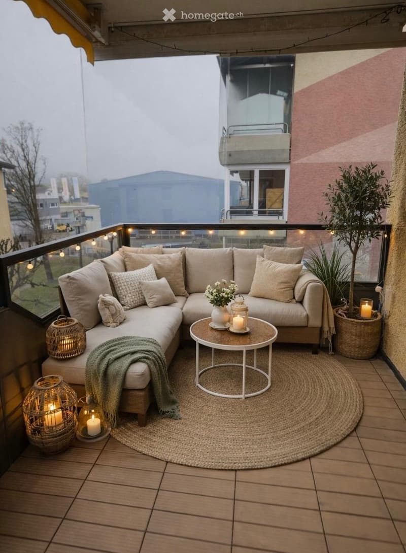 Balcony with a modern, cozy setup featuring a sectional sofa, coffee table, round rug, candles, lanterns, and a potted plant.