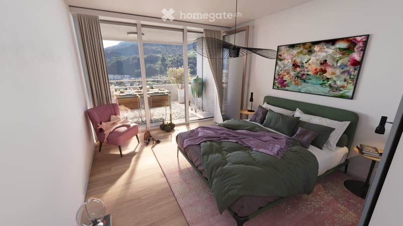 Modern bedroom with a large bed, pink armchair, nightstand, and a scenic mountain view through large windows.