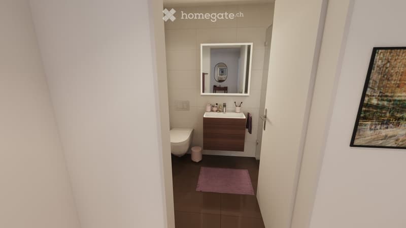 Modern bathroom with a white sink, dark wooden cabinet, toilet, mirror, and a purple bath mat on the floor.