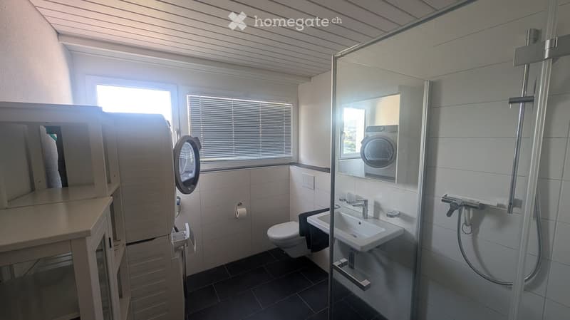 Modern bathroom with a glass-enclosed shower, sink, toilet, and mirrored cabinet. Features include a window with blinds, a towel rack, and a washing machine visible through the mirror.