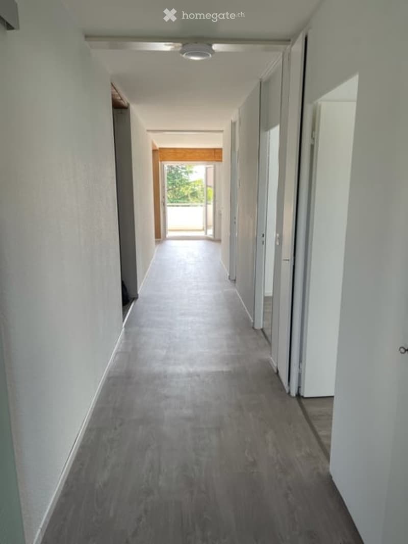 Empty hallway with light grey wooden flooring, white walls, and several doors leading to rooms.
