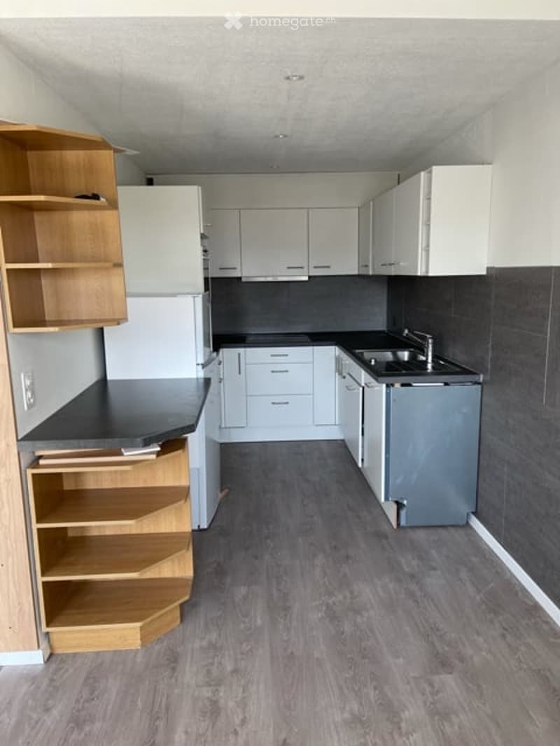 Modern kitchen with white cabinets, black countertops, and a stainless steel sink. Wooden shelves are mounted on the wall, and the floor is covered with grey laminate.