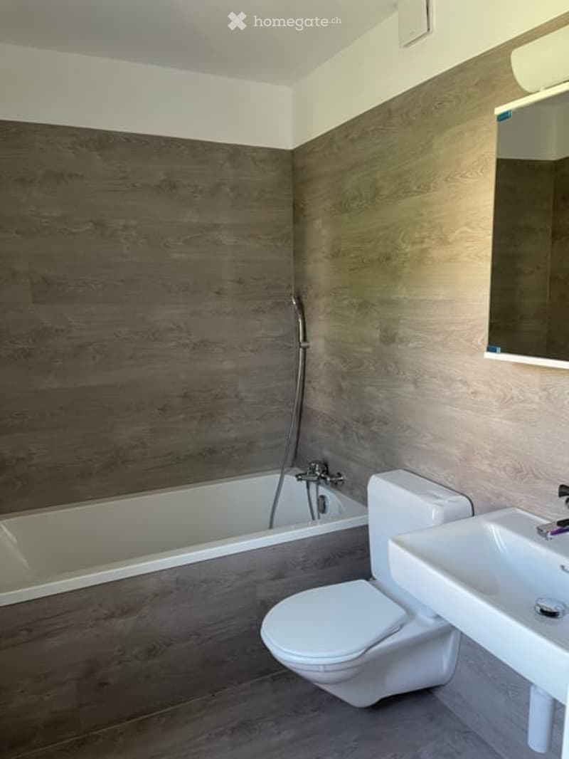Modern bathroom with wooden paneling, a bathtub, toilet, sink, and a mirror above the sink.