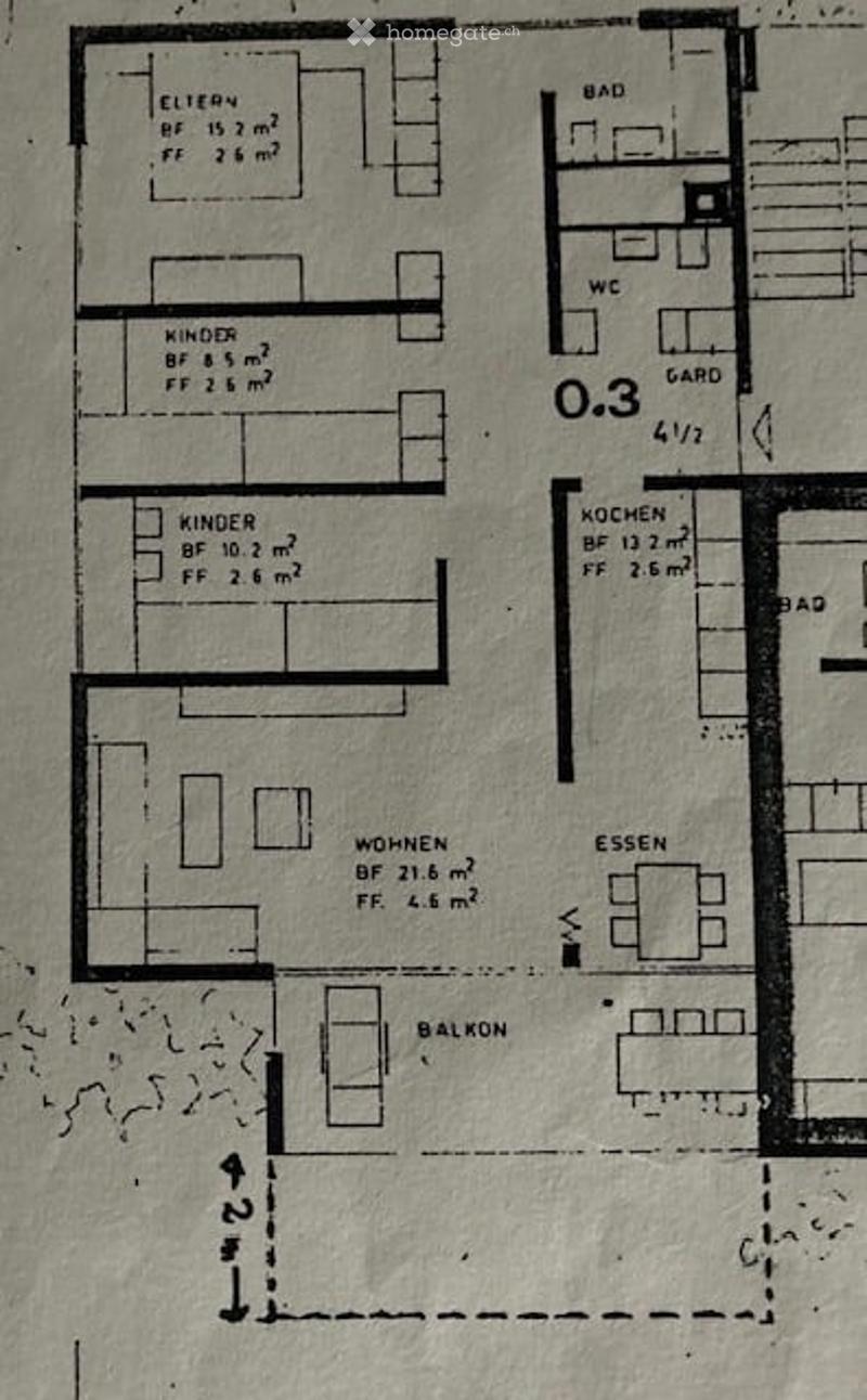 Floor plan showing a 4-room apartment with living room, dining area, kitchen, two bedrooms, bathroom, and balcony.
