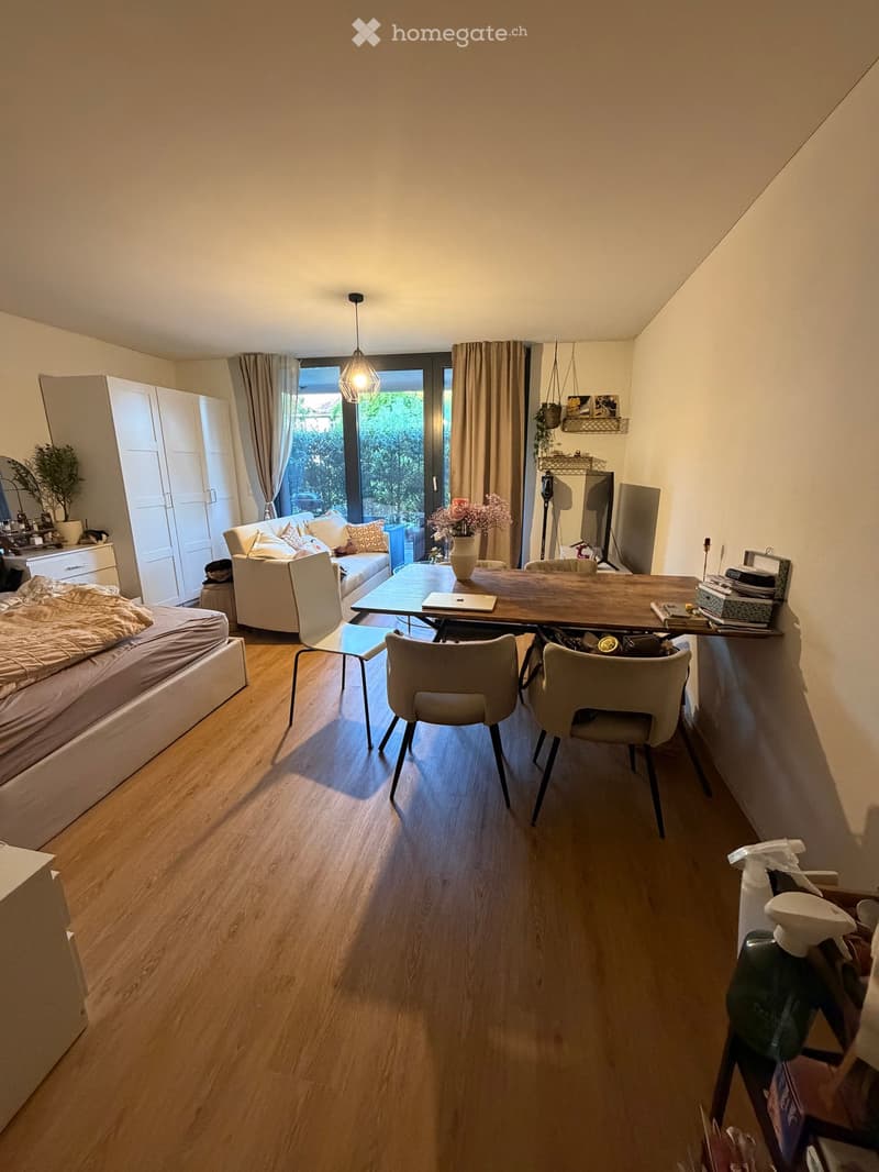 A modern, open-concept living and dining area with a sofa, dining table, chairs, laptop, vase with flowers, bed, wardrobe, and TV screen.