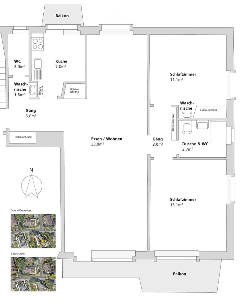 Floor plan with 2 bedrooms, 2 bathrooms, kitchen, dining area, balcony