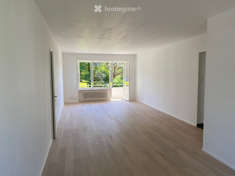 empty room, wooden floor, white walls, large window, white radiator