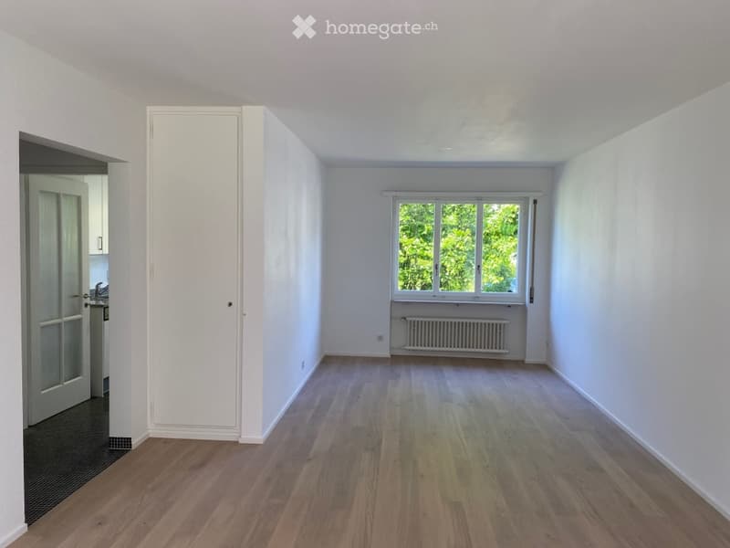 empty room, wooden floor, white walls, window, radiator, door