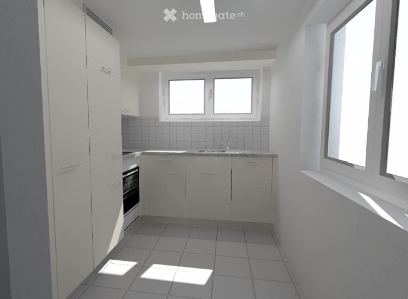 Modern, minimalist kitchen with white cabinets, tiled floor, and a sink with a faucet. The space is bright with natural light from two windows above the sink.