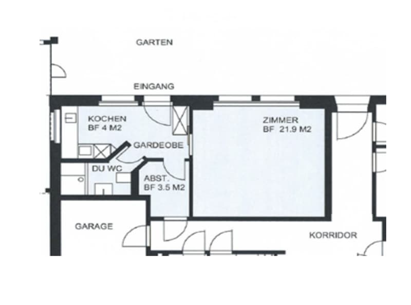 Floor plan of a house with a kitchen, living room, bathroom, garage, and garden.