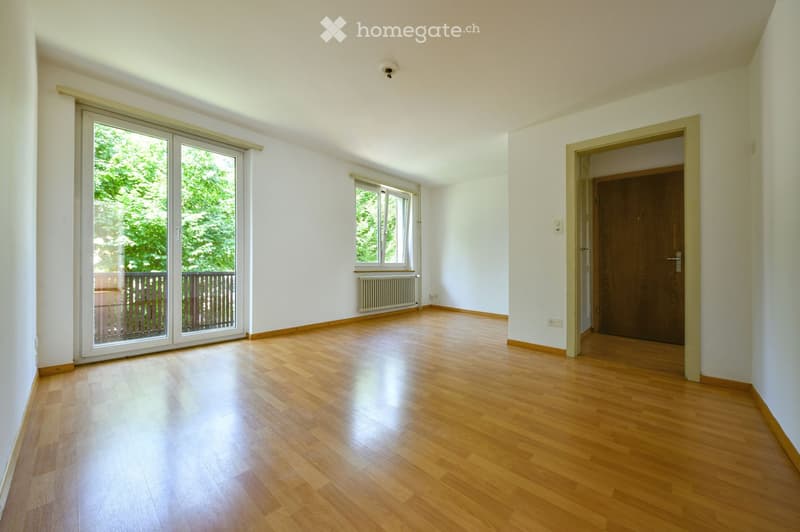 Empty room with wooden flooring, white walls, large sliding glass door leading to a balcony, and a window with radiator below.