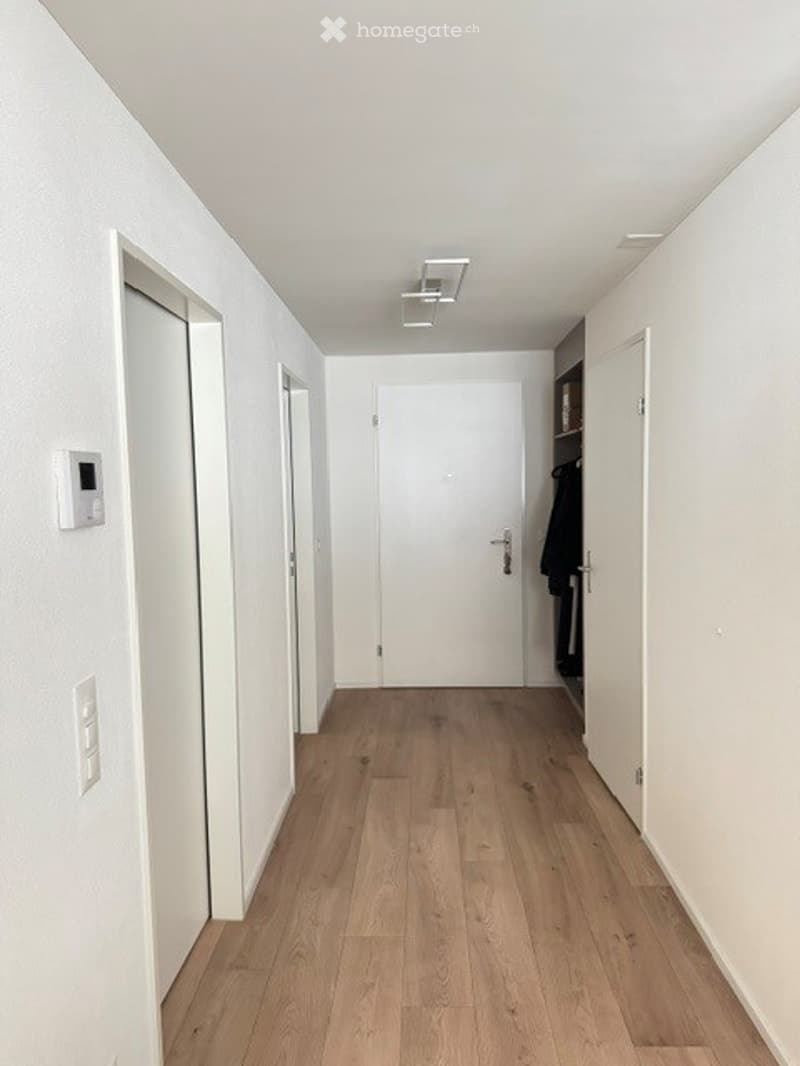 Clean, minimalist hallway with light wooden flooring, white walls, and white doors. A coat rack is visible on the right side.