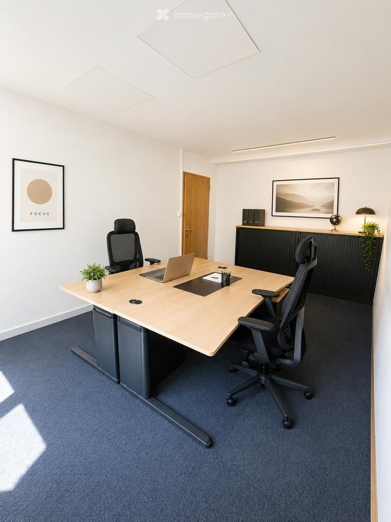 Modern office space with a large wooden table, ergonomic chairs, laptop, and decorative elements including framed artwork and a small plant.