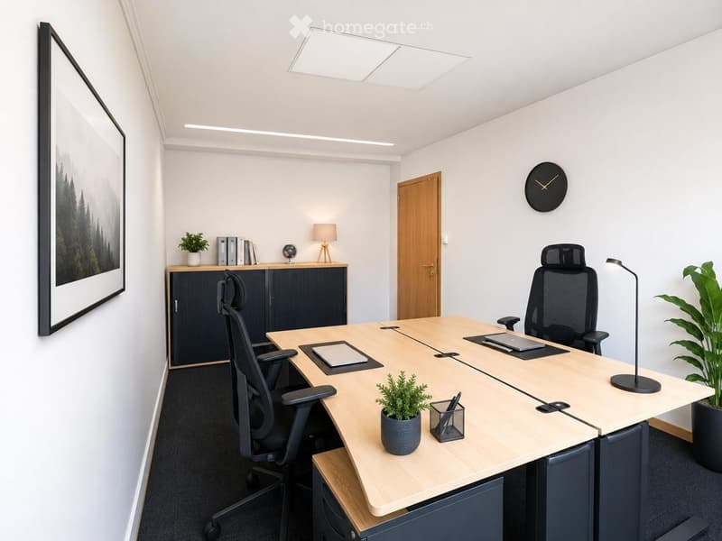 Modern office space with a large wooden table, ergonomic chairs, laptops, potted plants, a cabinet, a clock, and a lamp.