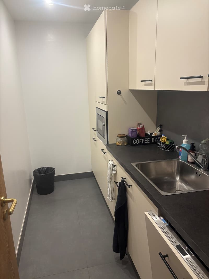 Modern kitchen with light-colored cabinets, stainless steel sink, dishwasher, microwave, and coffee bar on the counter.
