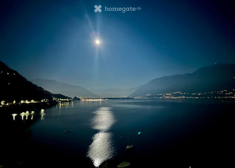 lake at night, full moon, mountains in the distance, city lights