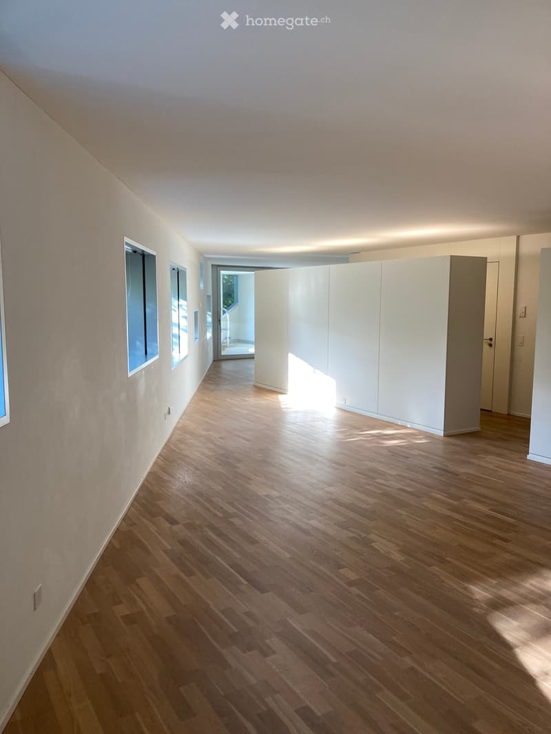 Empty hallway with wooden flooring, white walls, and large windows allowing natural light to enter. The space is clean and minimalistic, with no furniture or decorations visible.