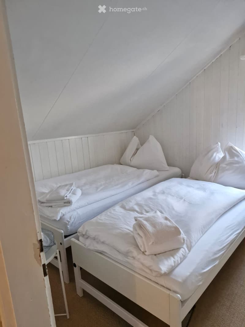 Two single beds, white bedding, white pillows, white walls, white ceiling, white nightstands, white chair, beige carpet