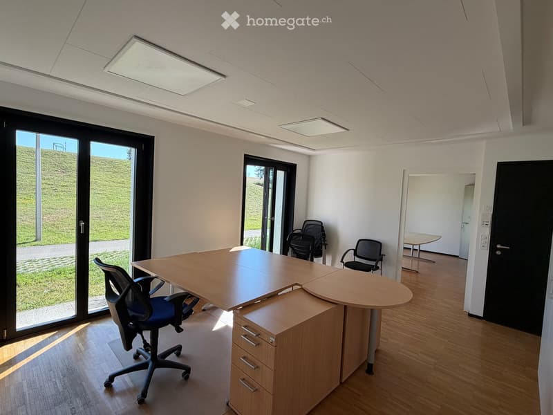 Bright, modern office space with large windows, wooden flooring, and a large wooden table with chairs.