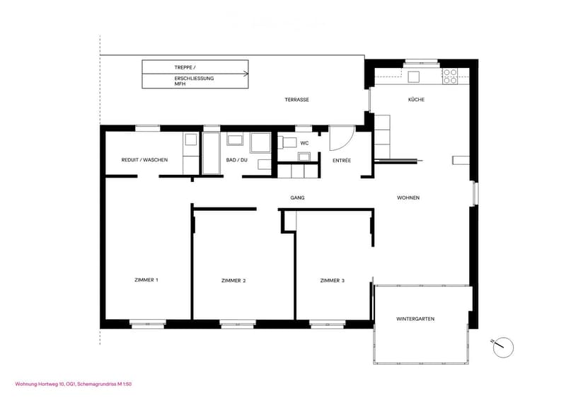 Floor plan of a multi-room apartment with labeled areas including entrance, living room, kitchen, bathroom, three bedrooms, hallway, and winter garden.